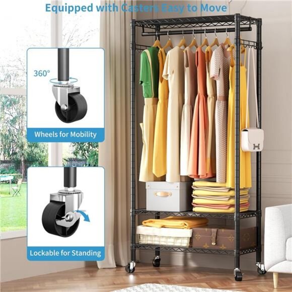 Heavy Duty Clothes Rack Rolling Garment Rack,3 Tier Adjustable Wire Shelving - Picture 2 of 7